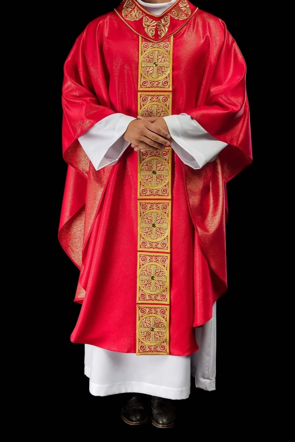 Red Chasuble with Rich Embroidery and Decorative Stones — full view