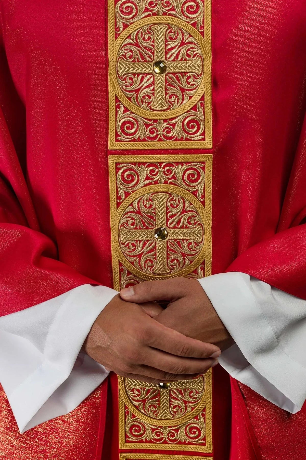 Red Chasuble with Rich Embroidery and Decorative Stones — embroidery close-up