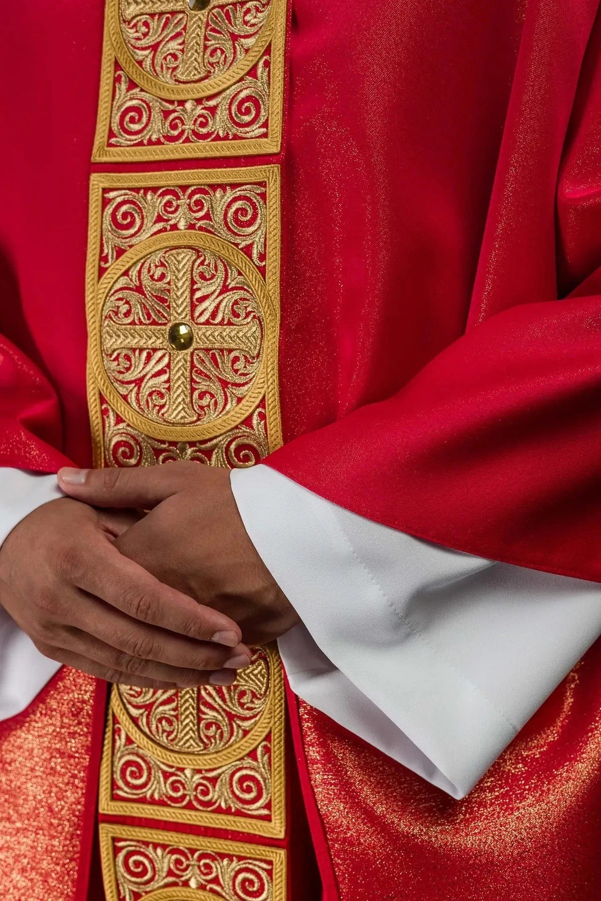 Red Chasuble with Rich Embroidery and Decorative Stones — symbol detail