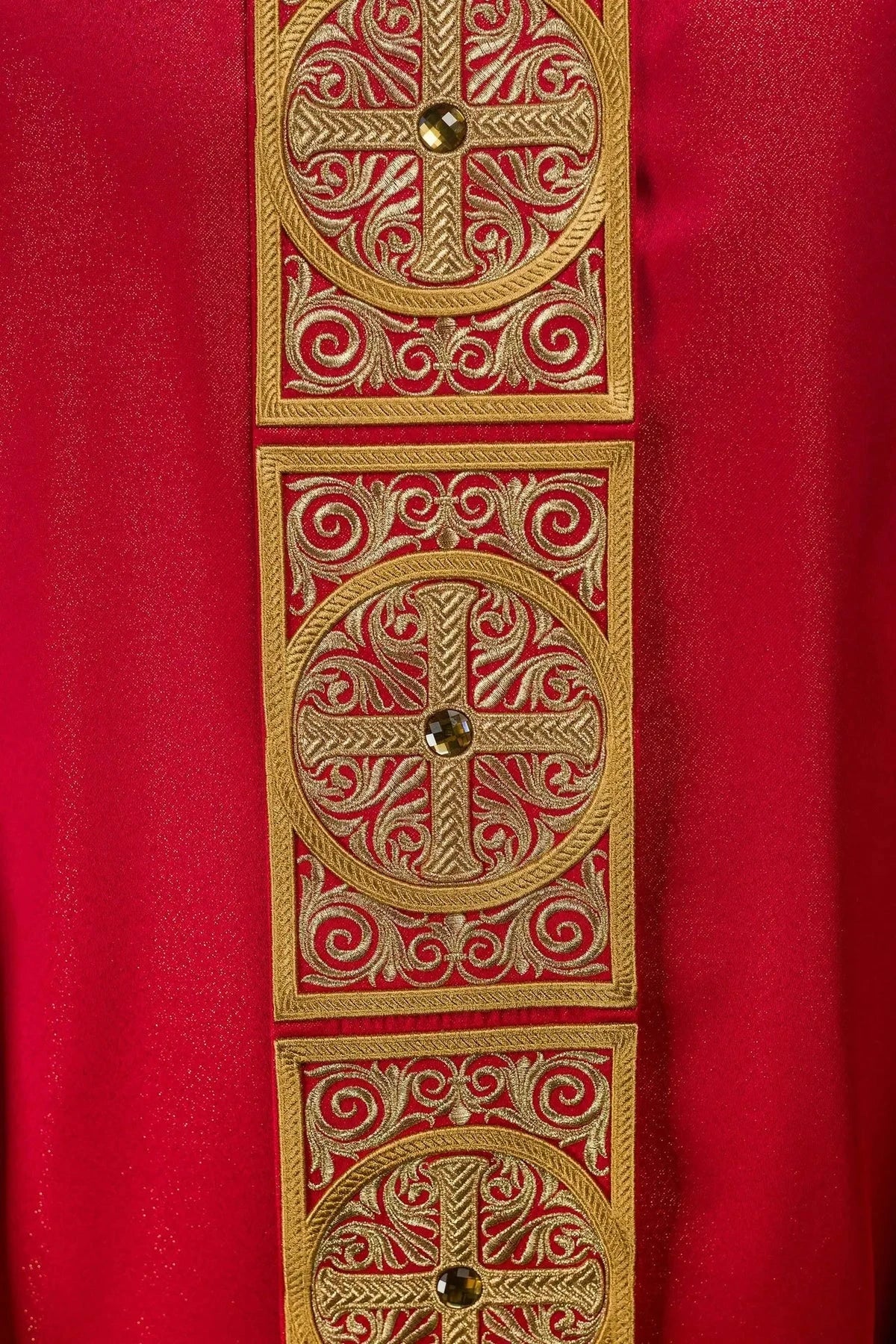 Red Chasuble with Rich Embroidery and Decorative Stones — collar finish