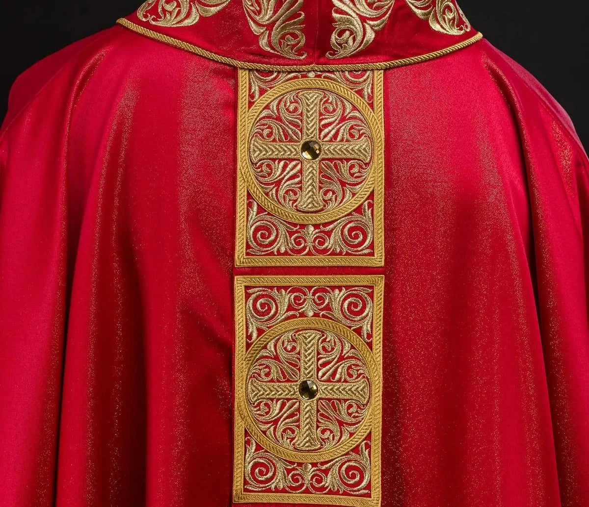 Red Chasuble with Rich Embroidery and Decorative Stones — back view