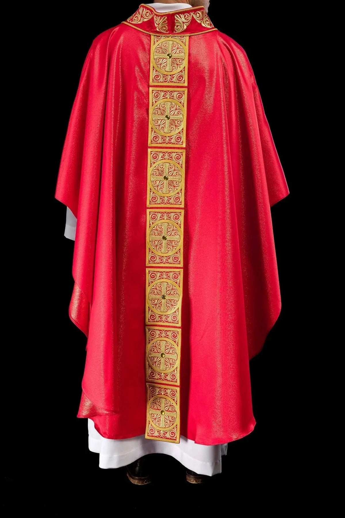 Red Chasuble with Rich Embroidery and Decorative Stones — fabric detail