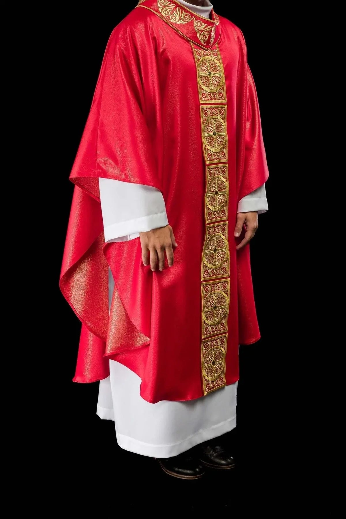 Red Chasuble with Rich Embroidery and Decorative Stones — fit on celebrant
