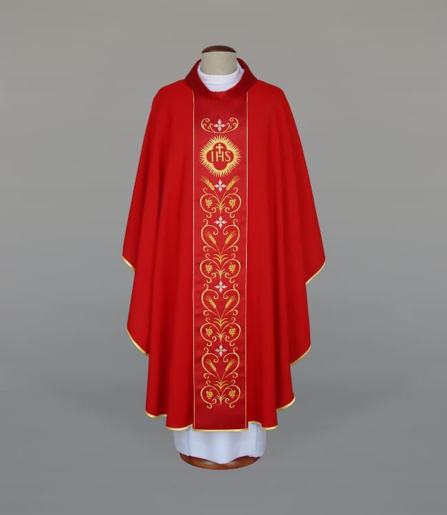 Red Chasuble with Rich Embroidery on Satin Band — product view