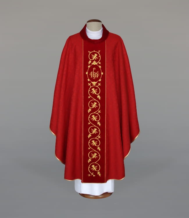 Red Chasuble with Rich Embroidery on Velvet Band — product view