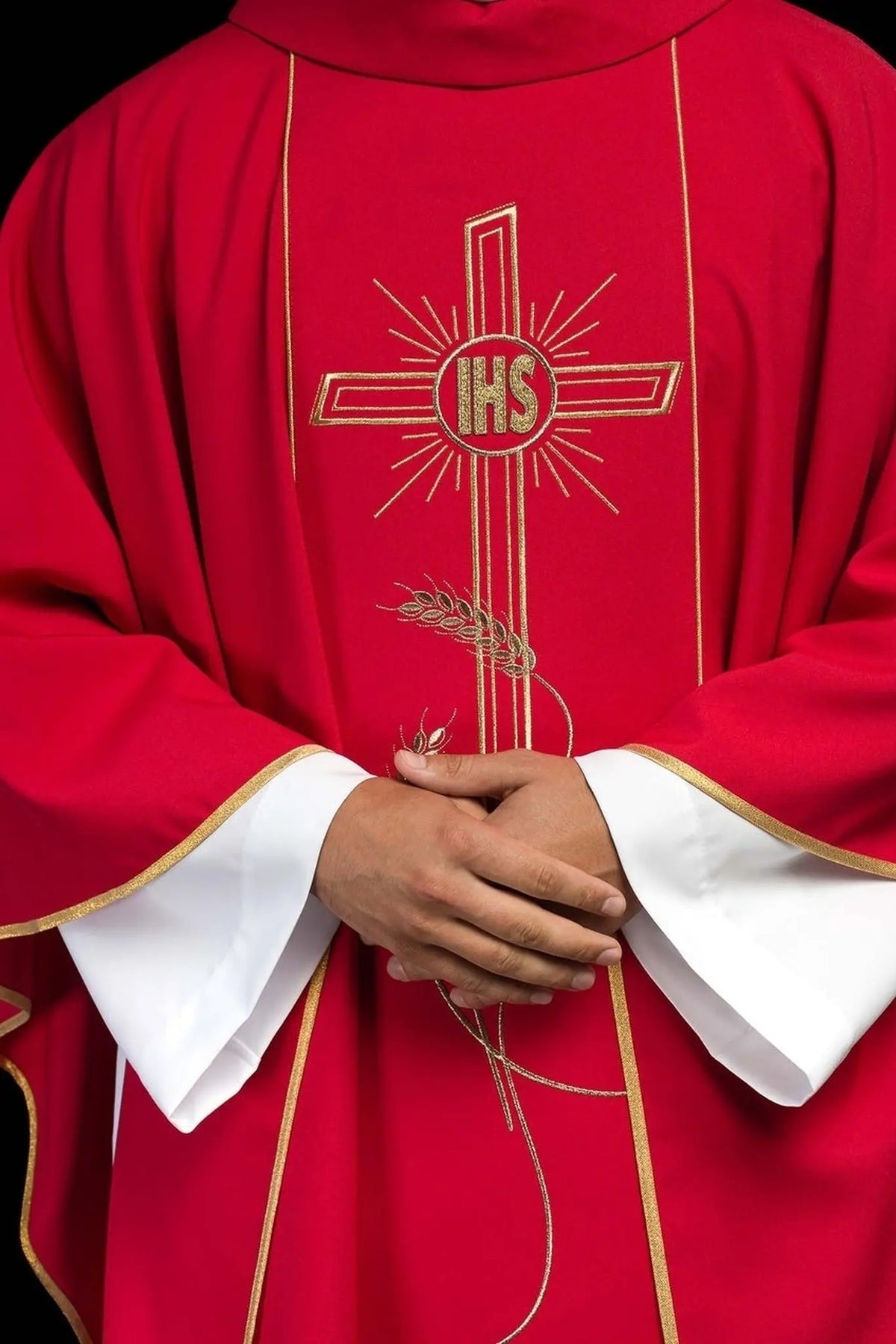 Red Chasuble with Wide Gold-Colored Embroidered Band and IHS Cross — product view
