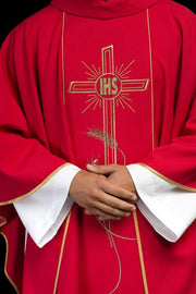 Red Chasuble with Wide Gold-Colored Embroidered Band and IHS Cross — product view