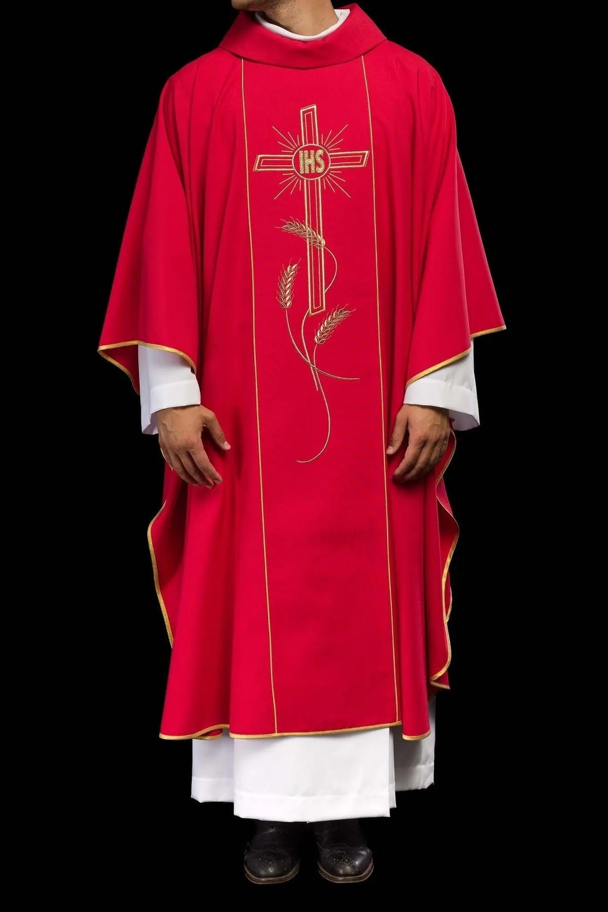 Red Chasuble with Wide Gold-Colored Embroidered Band and IHS Cross — full view
