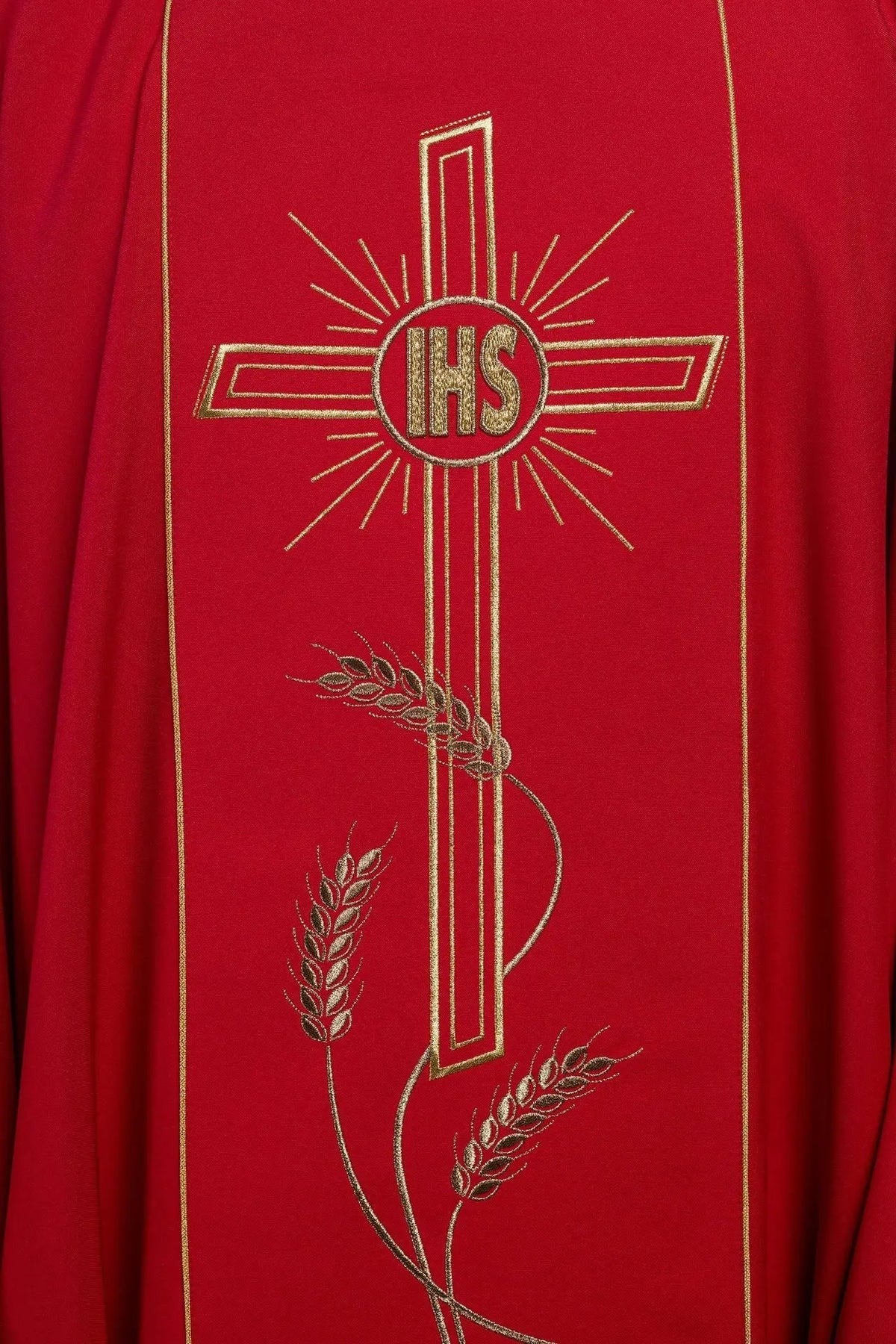 Red Chasuble with Wide Gold-Colored Embroidered Band and IHS Cross — embroidery close-up
