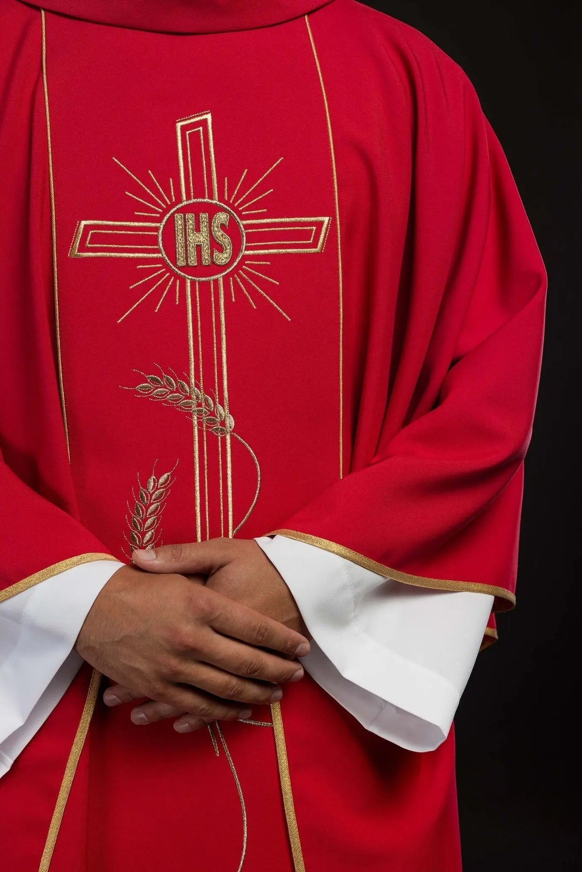 Red Chasuble with Wide Gold-Colored Embroidered Band and IHS Cross — symbol detail