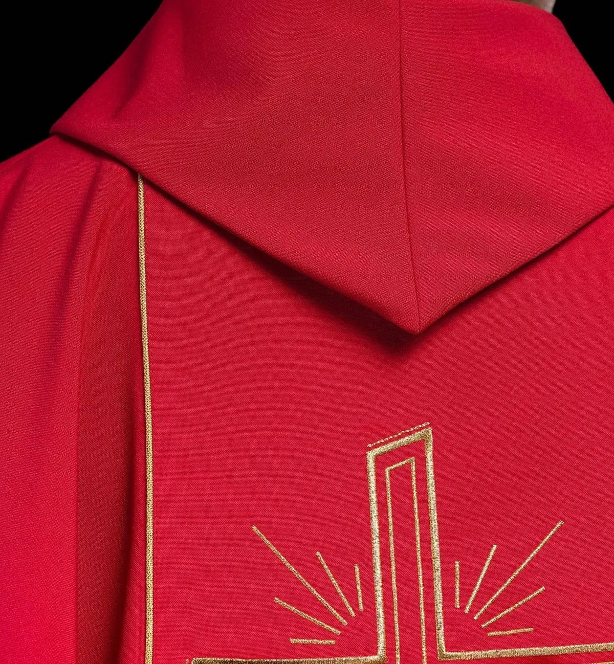 Red Chasuble with Wide Gold-Colored Embroidered Band and IHS Cross — collar finish