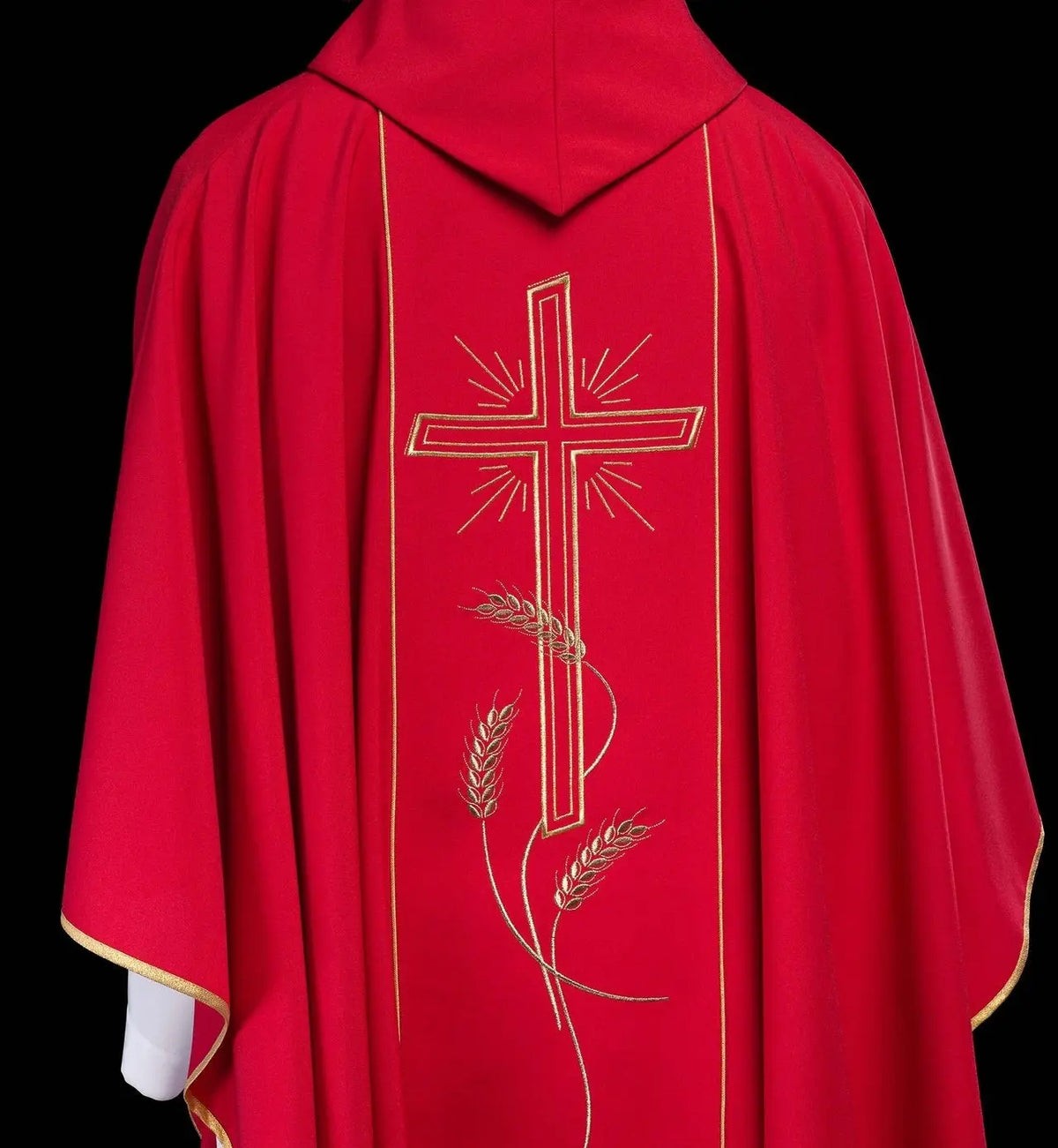 Red Chasuble with Wide Gold-Colored Embroidered Band and IHS Cross — front view