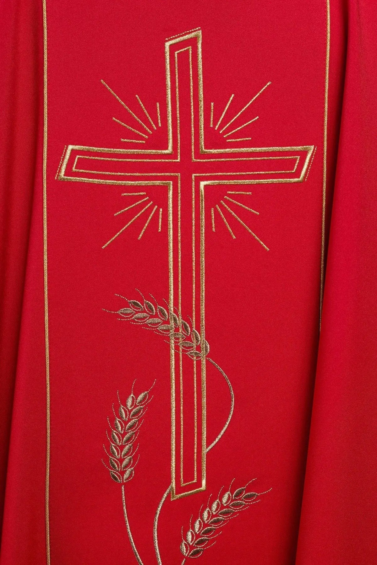 Red Chasuble with Wide Gold-Colored Embroidered Band and IHS Cross — back view