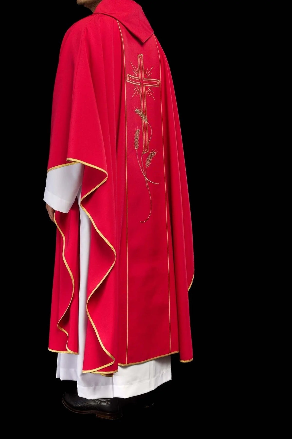 Red Chasuble with Wide Gold-Colored Embroidered Band and IHS Cross — fabric detail