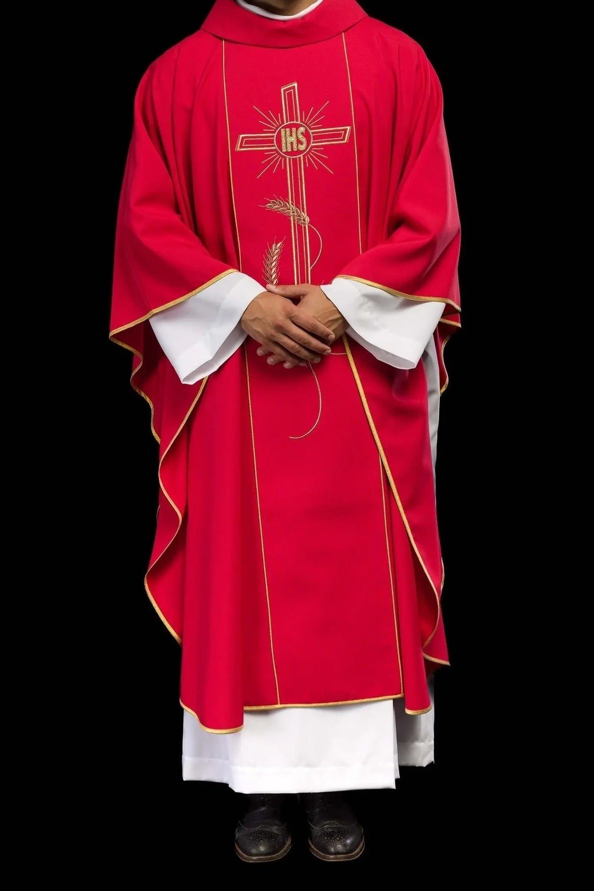 Red Chasuble with Wide Gold-Colored Embroidered Band and IHS Cross — fit on celebrant