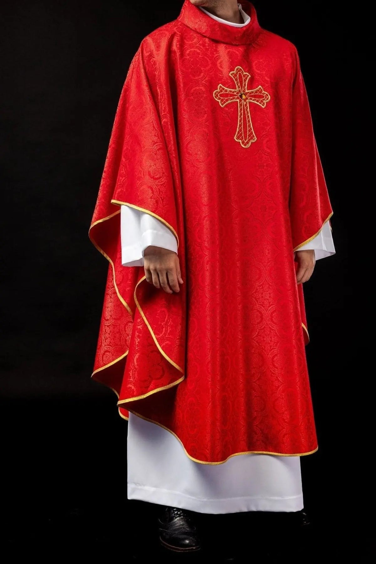 Red Embroidered Chasuble with Cross — full view