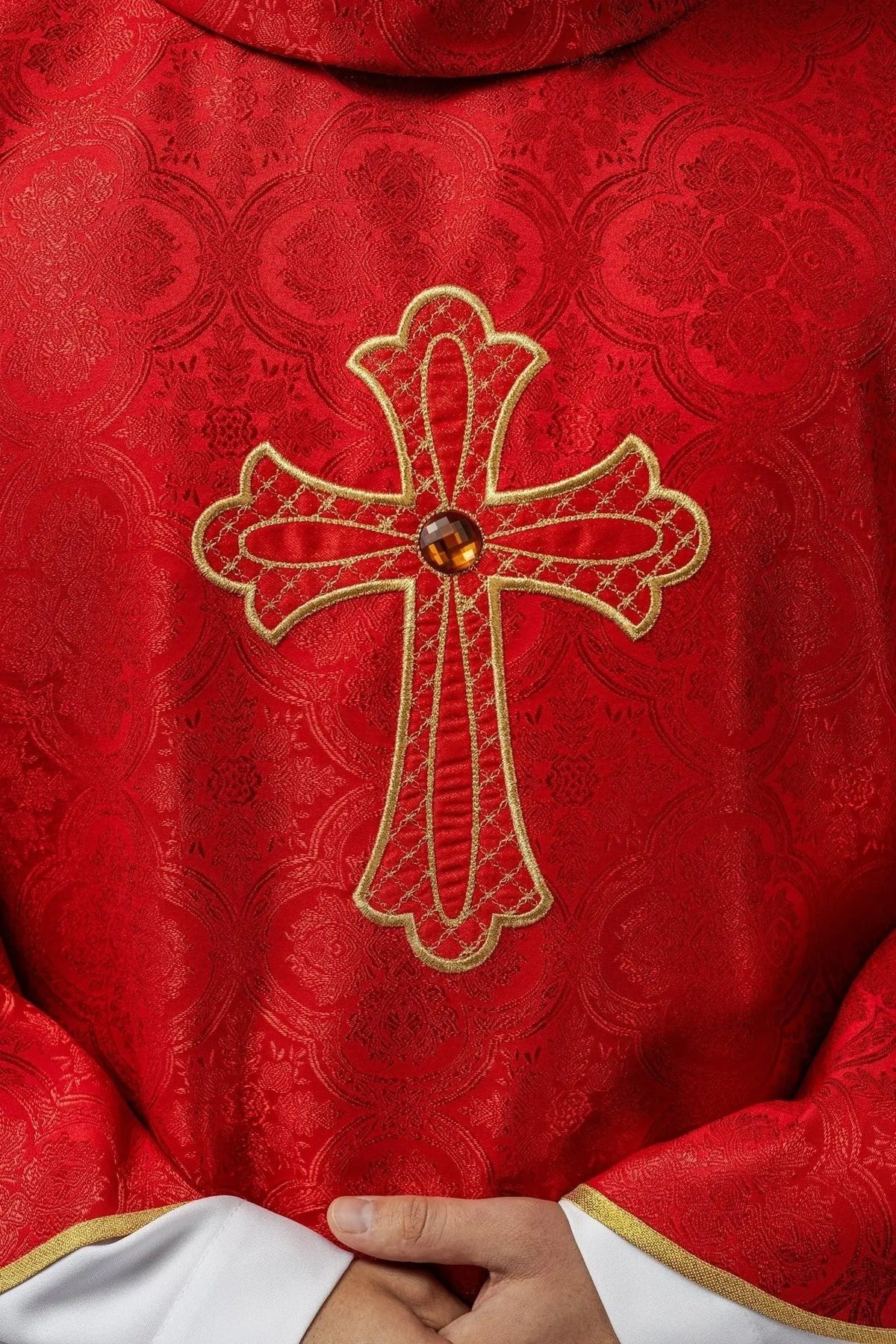 Red Embroidered Chasuble with Cross — embroidery close-up
