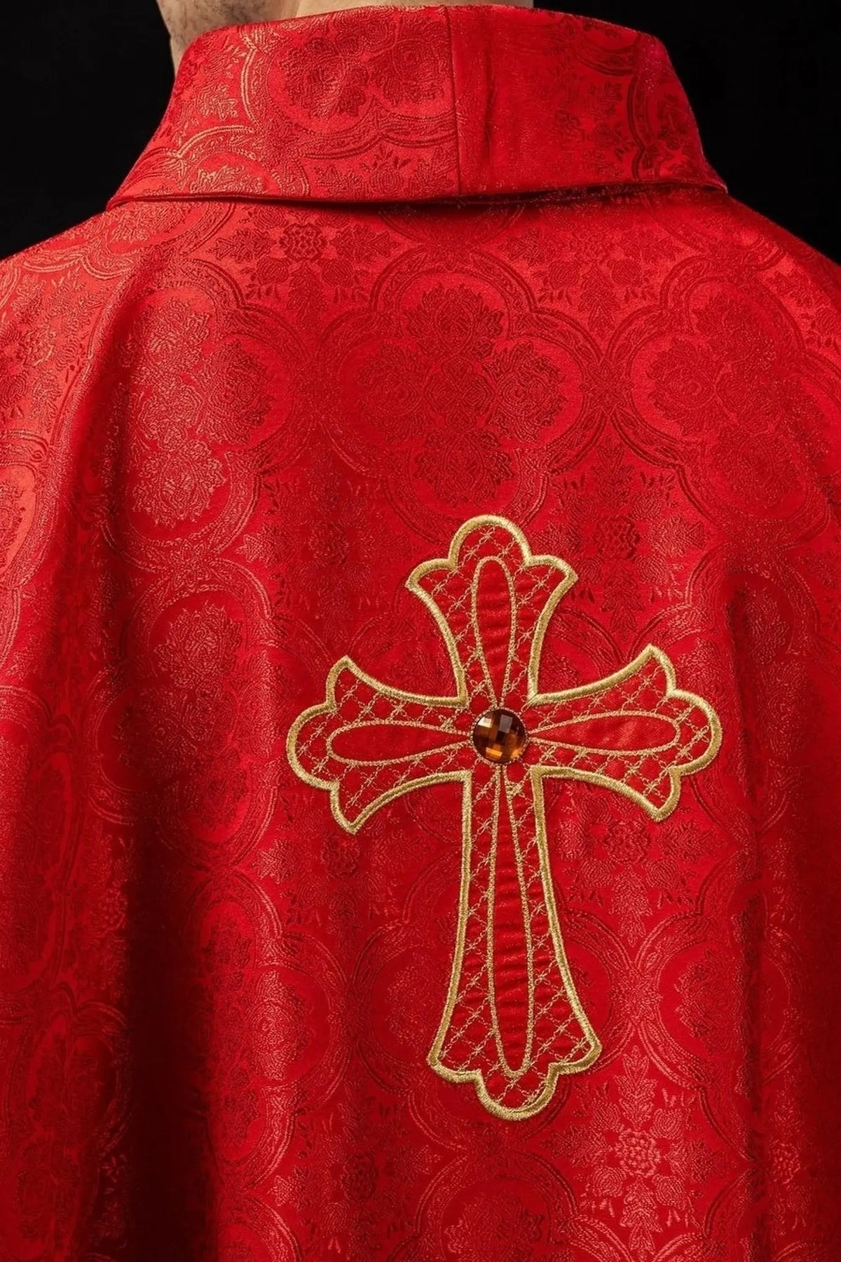 Red Embroidered Chasuble with Cross — collar finish