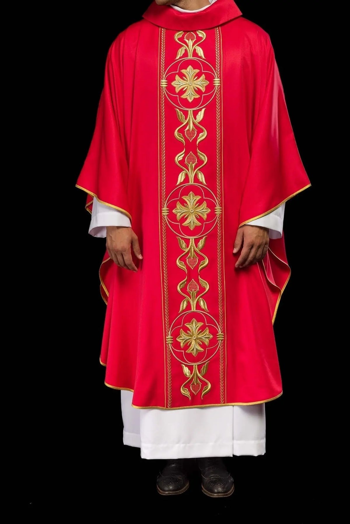 Red Embroidered Chasuble with Decorative Band — full view