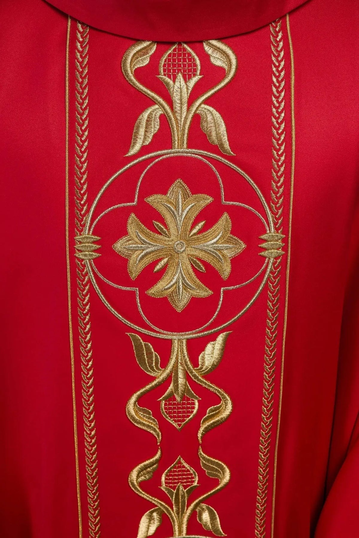Red Embroidered Chasuble with Decorative Band — embroidery close-up