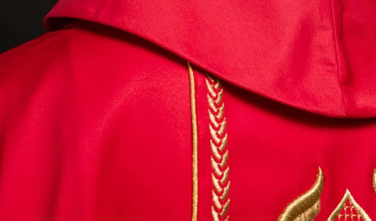 Red Embroidered Chasuble with Decorative Band — collar finish