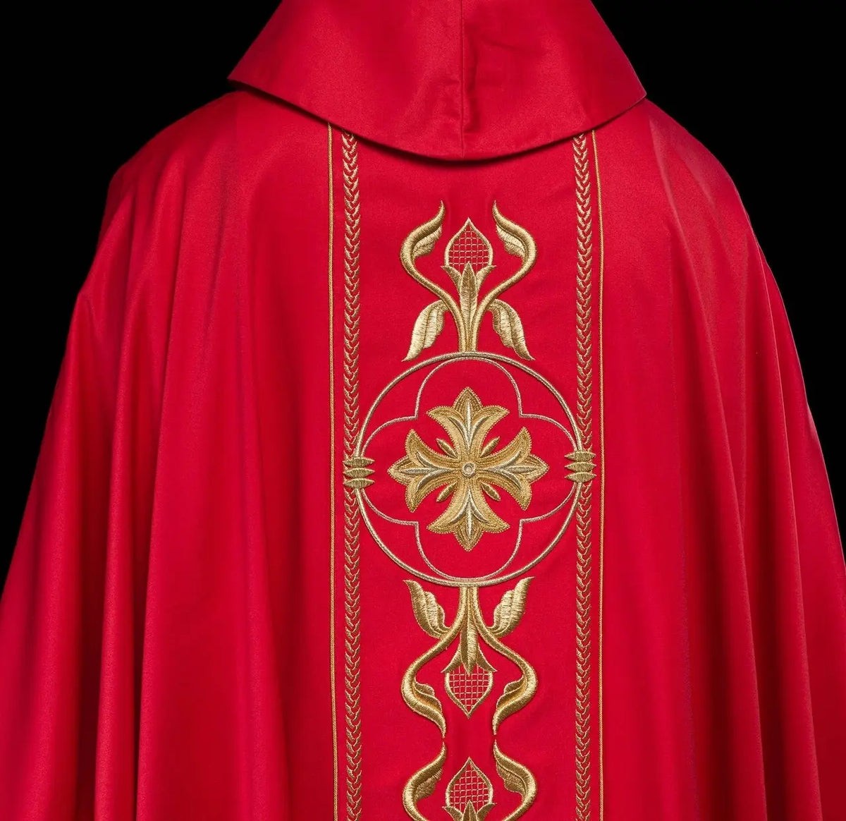 Red Embroidered Chasuble with Decorative Band — front view