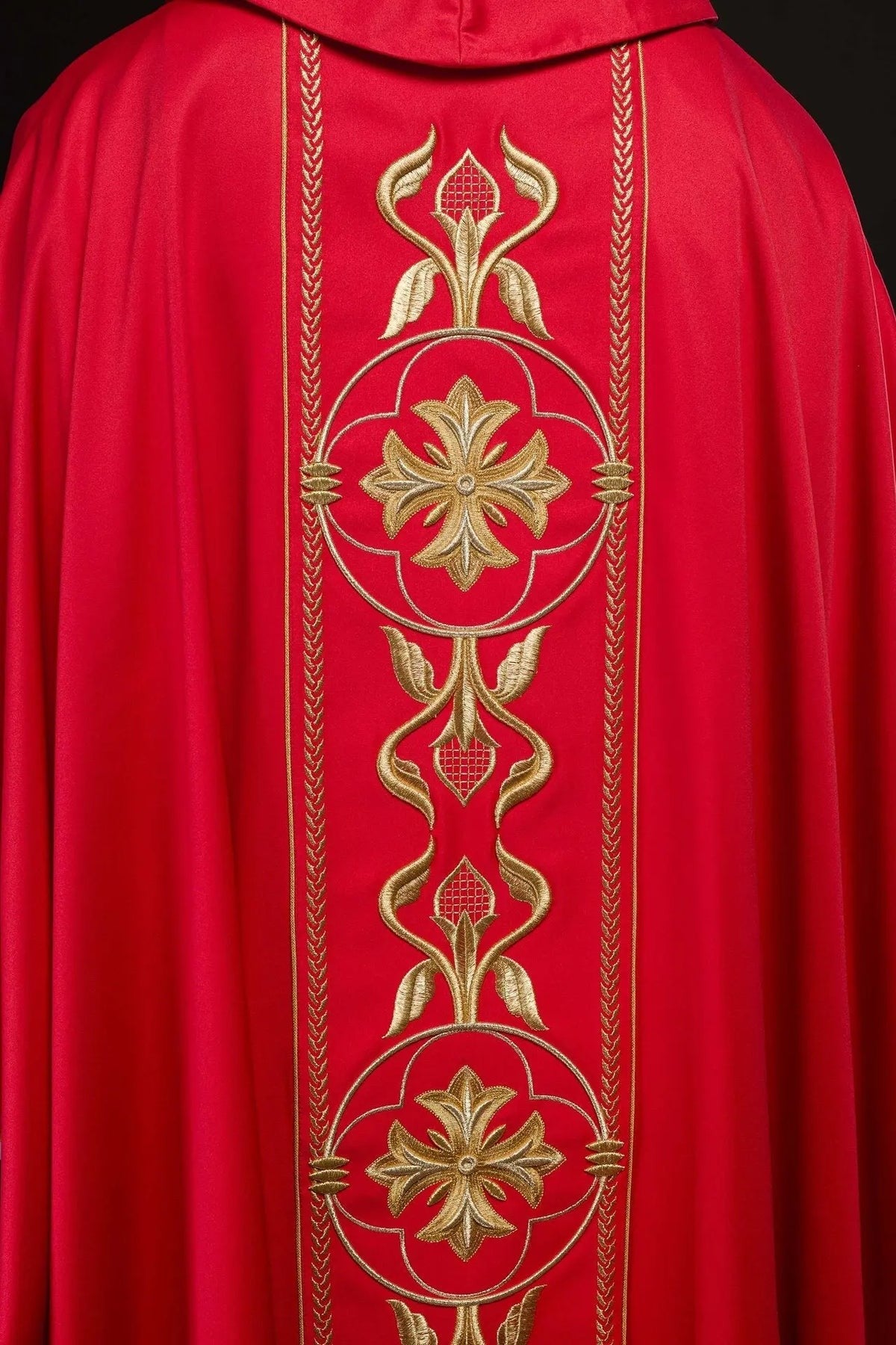 Red Embroidered Chasuble with Decorative Band — back view