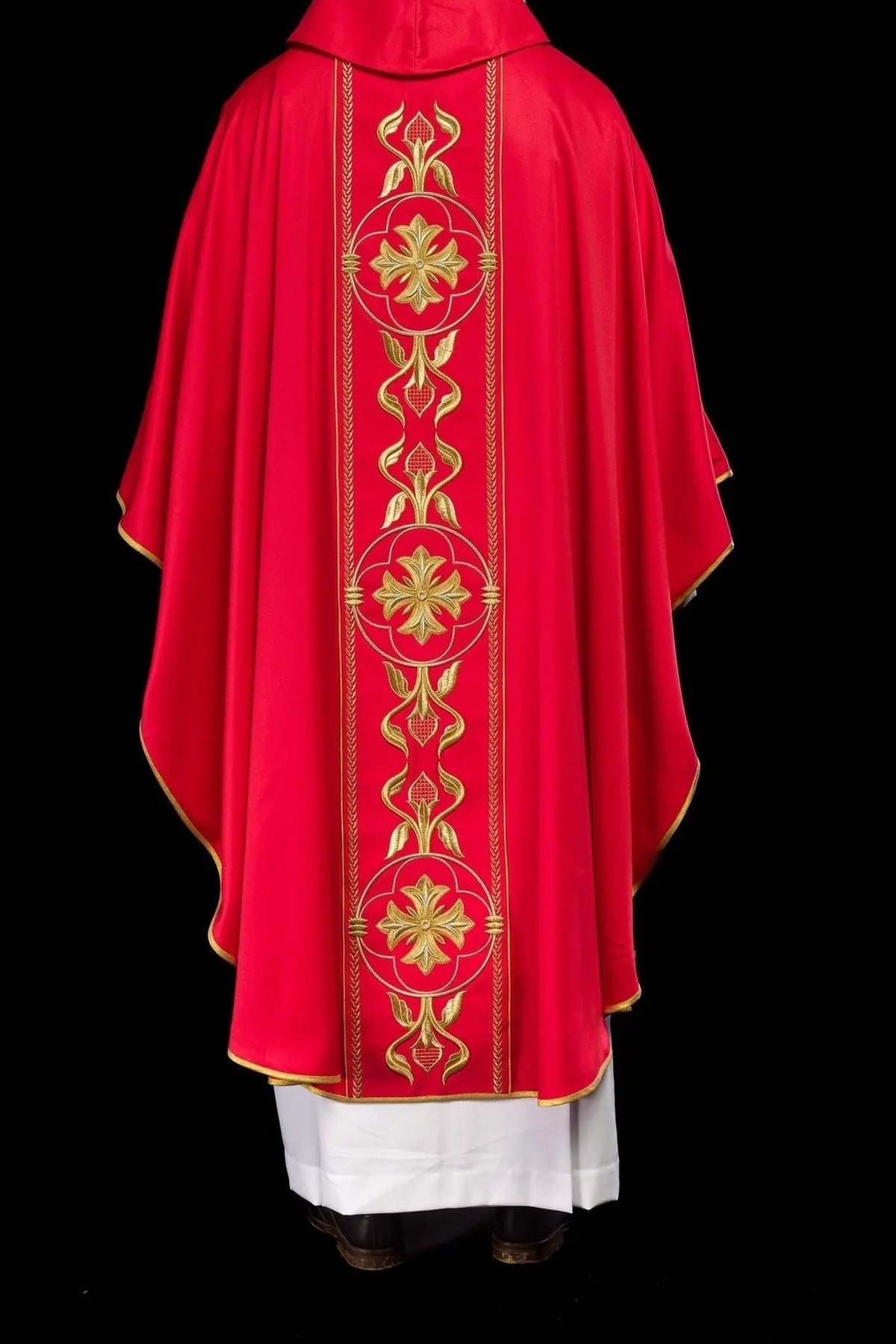 Red Embroidered Chasuble with Decorative Band — fabric detail