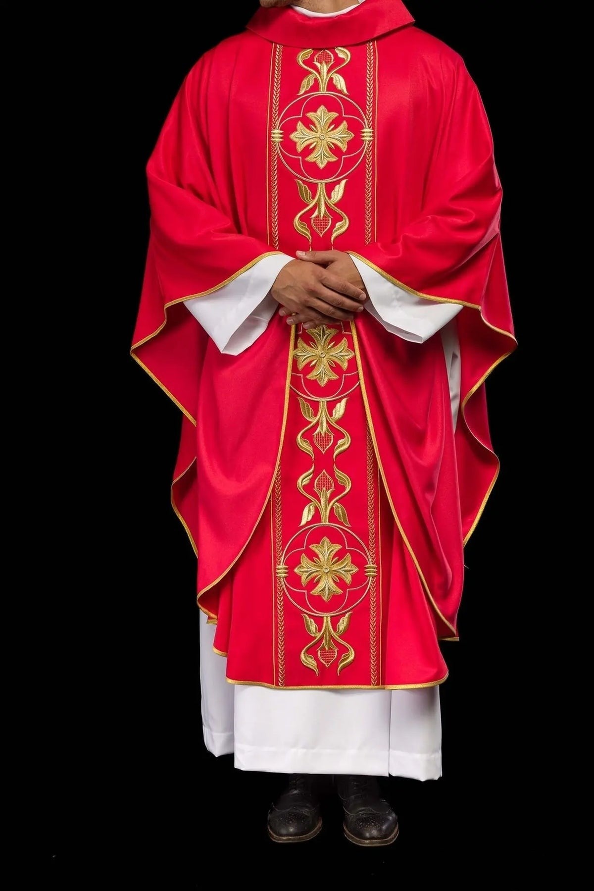 Red Embroidered Chasuble with Decorative Band — fit on celebrant