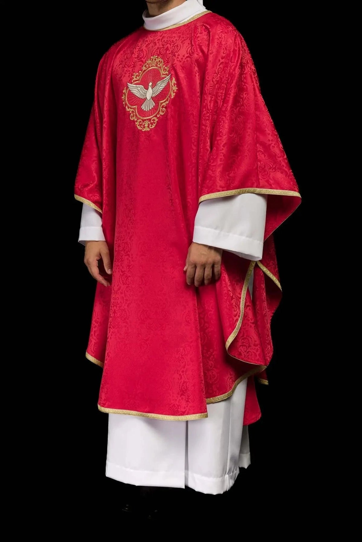 Chasuble rouge en jacquard avec broderie du Saint-Esprit — Détail du tissu