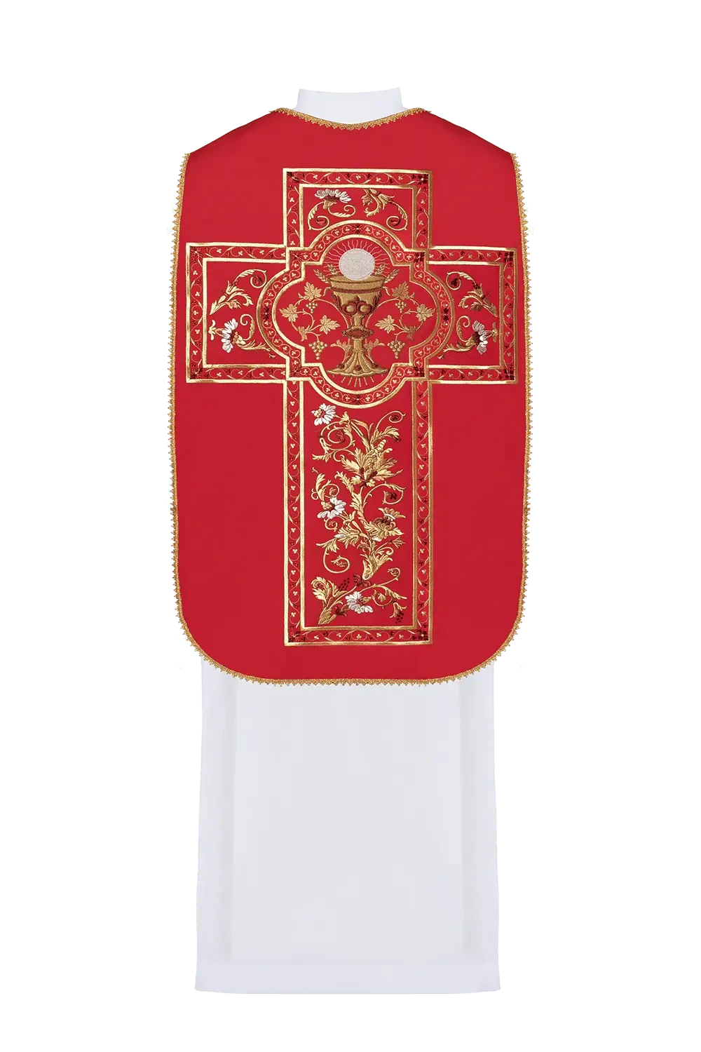 Red Roman Chasuble with Embroidered Eucharistic Chalice — full view
