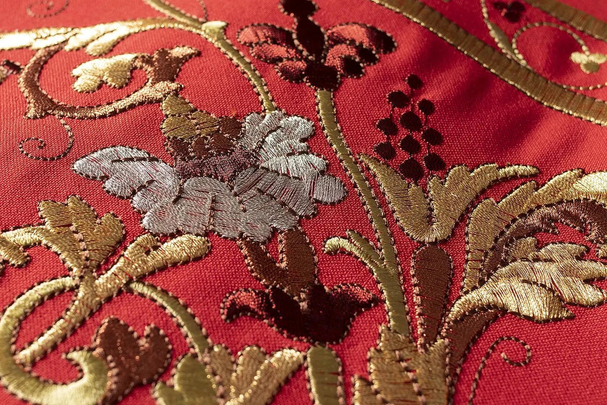 Red Roman Chasuble with Embroidered Eucharistic Chalice — embroidery close-up