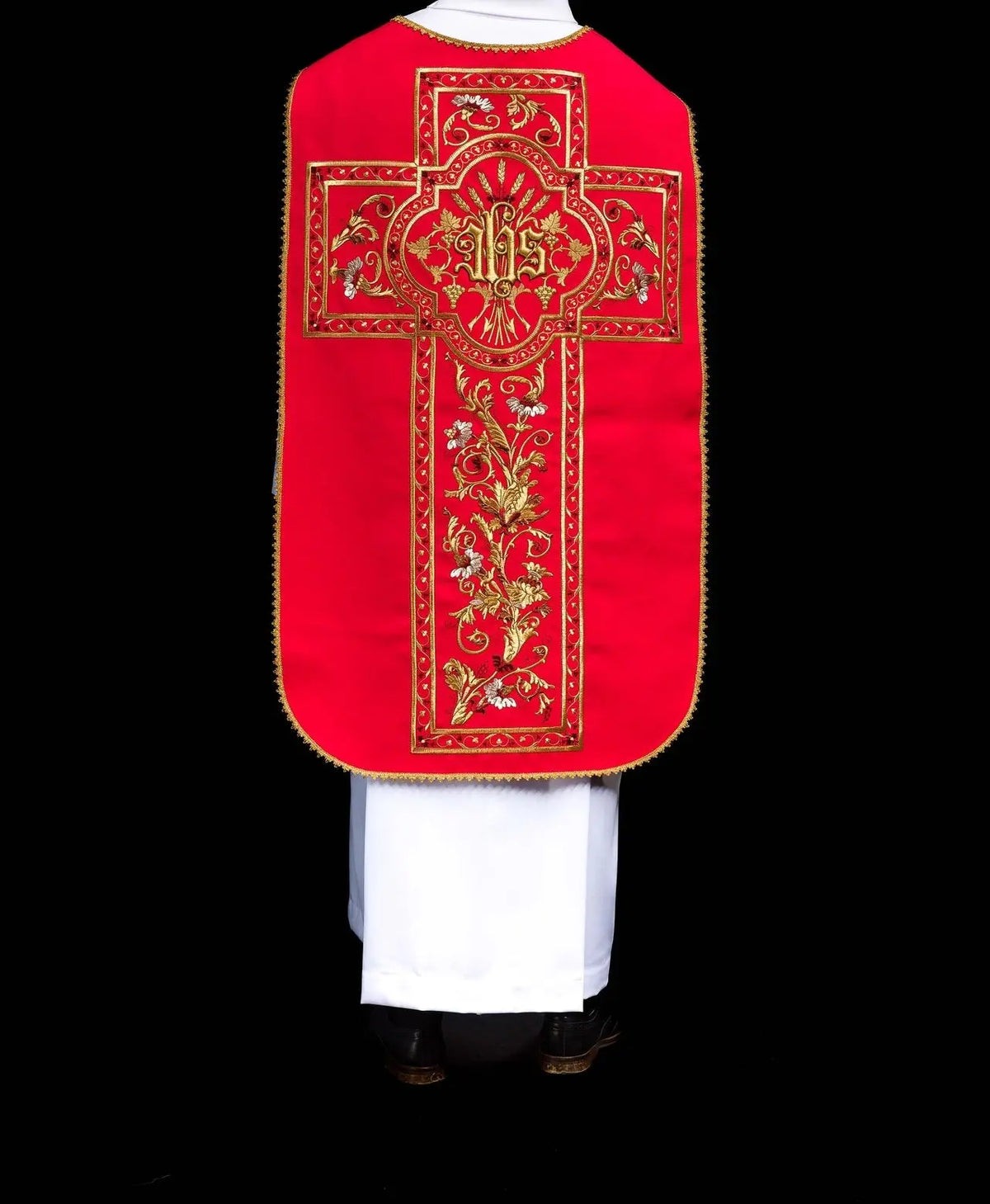 Red Roman Chasuble with IHS Embroidery — product view