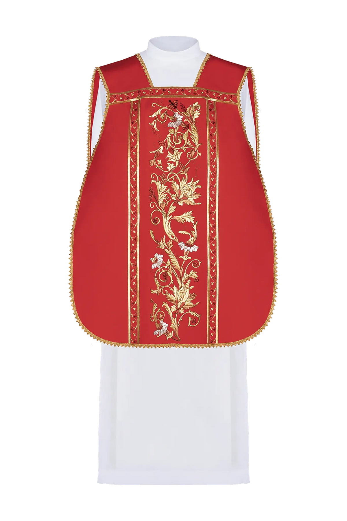 Red Roman Chasuble with IHS Embroidery — full view