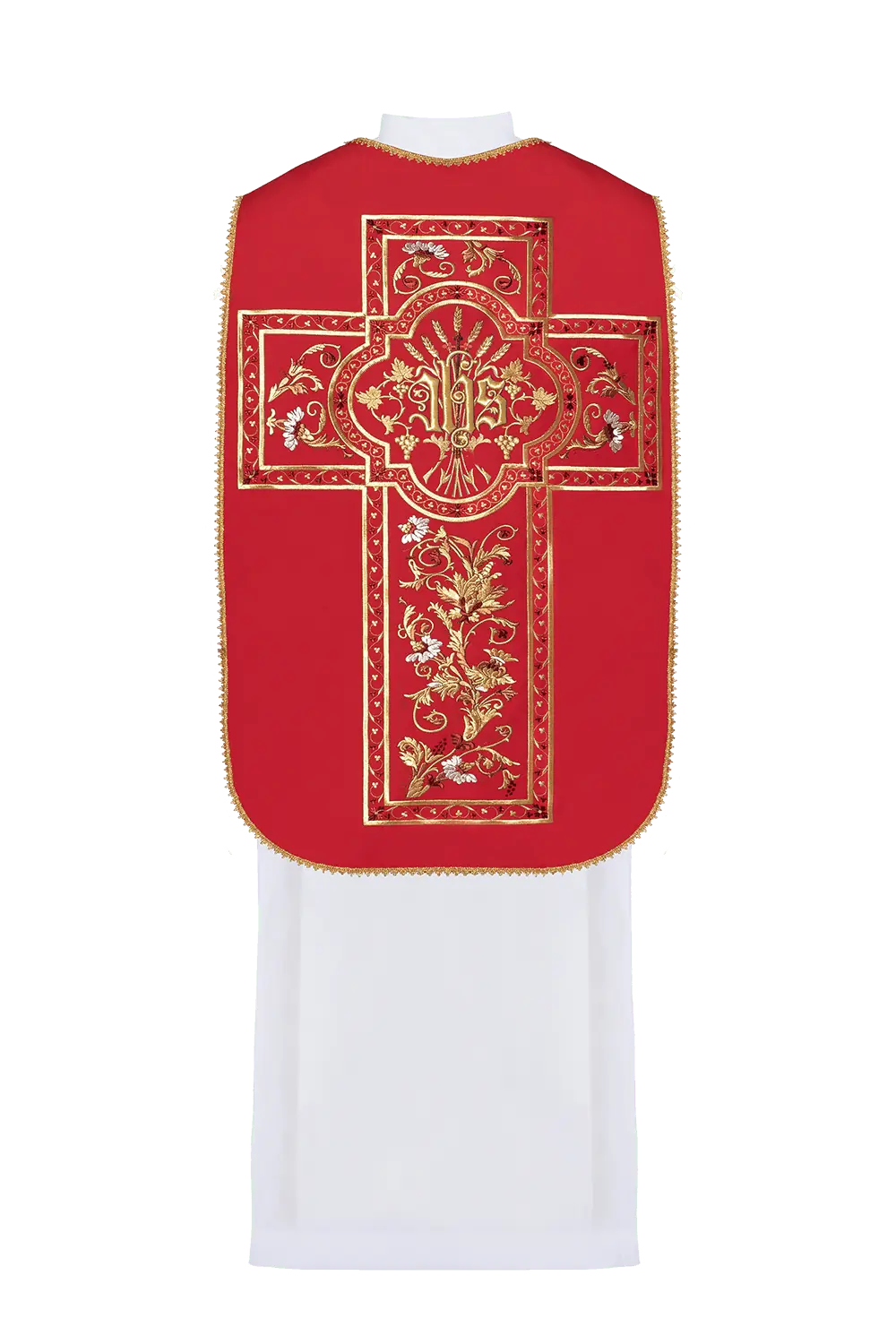 Red Roman Chasuble with IHS Embroidery — embroidery close-up
