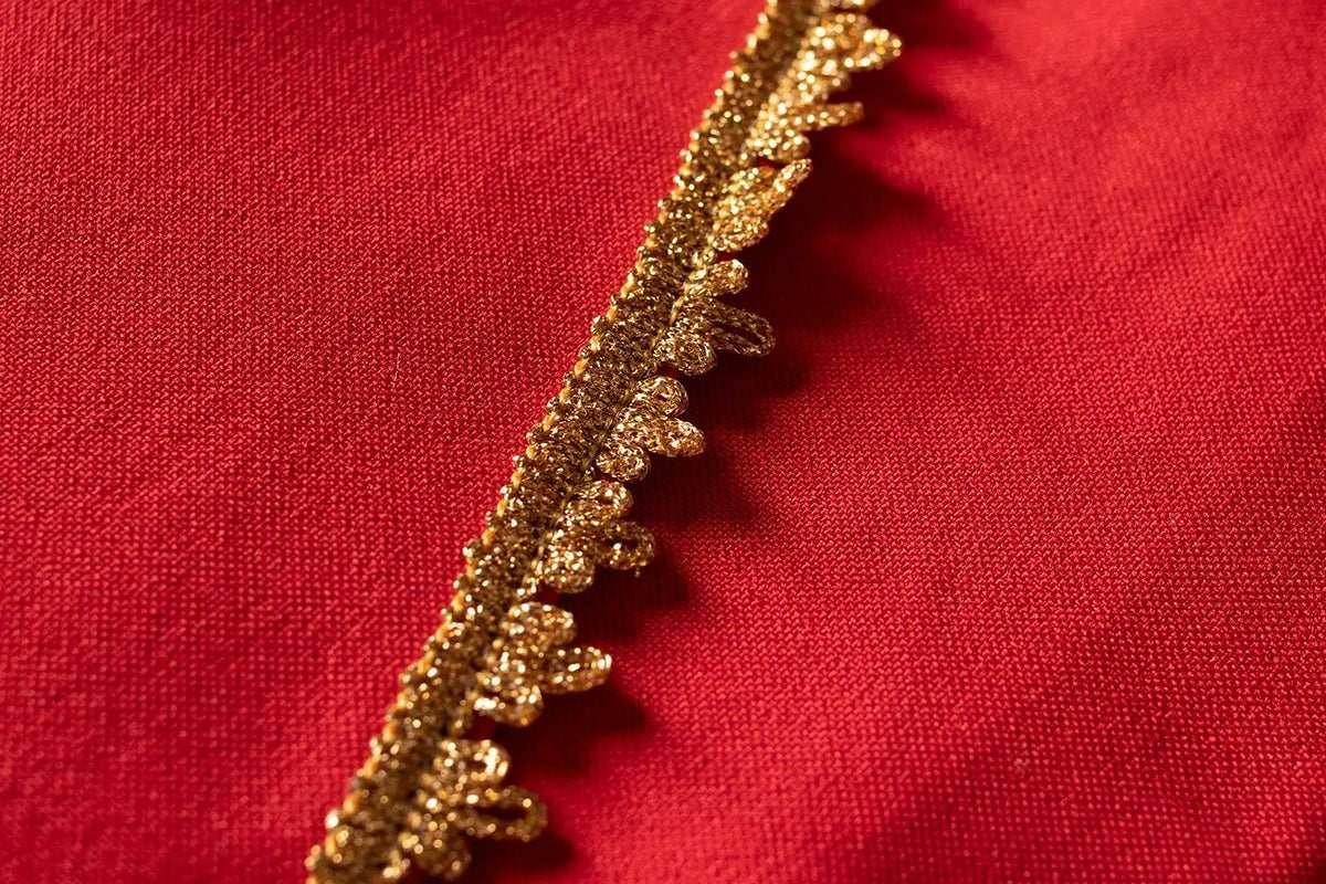 Red Roman Chasuble with IHS Embroidery — collar finish
