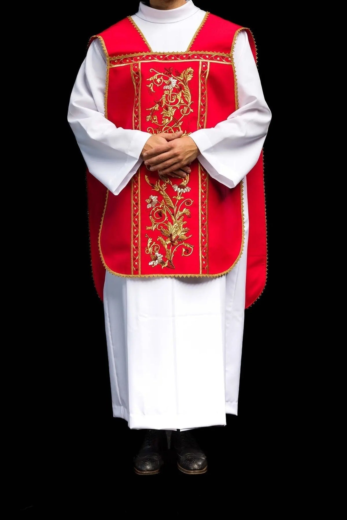 Red Roman Chasuble with IHS Embroidery — front view