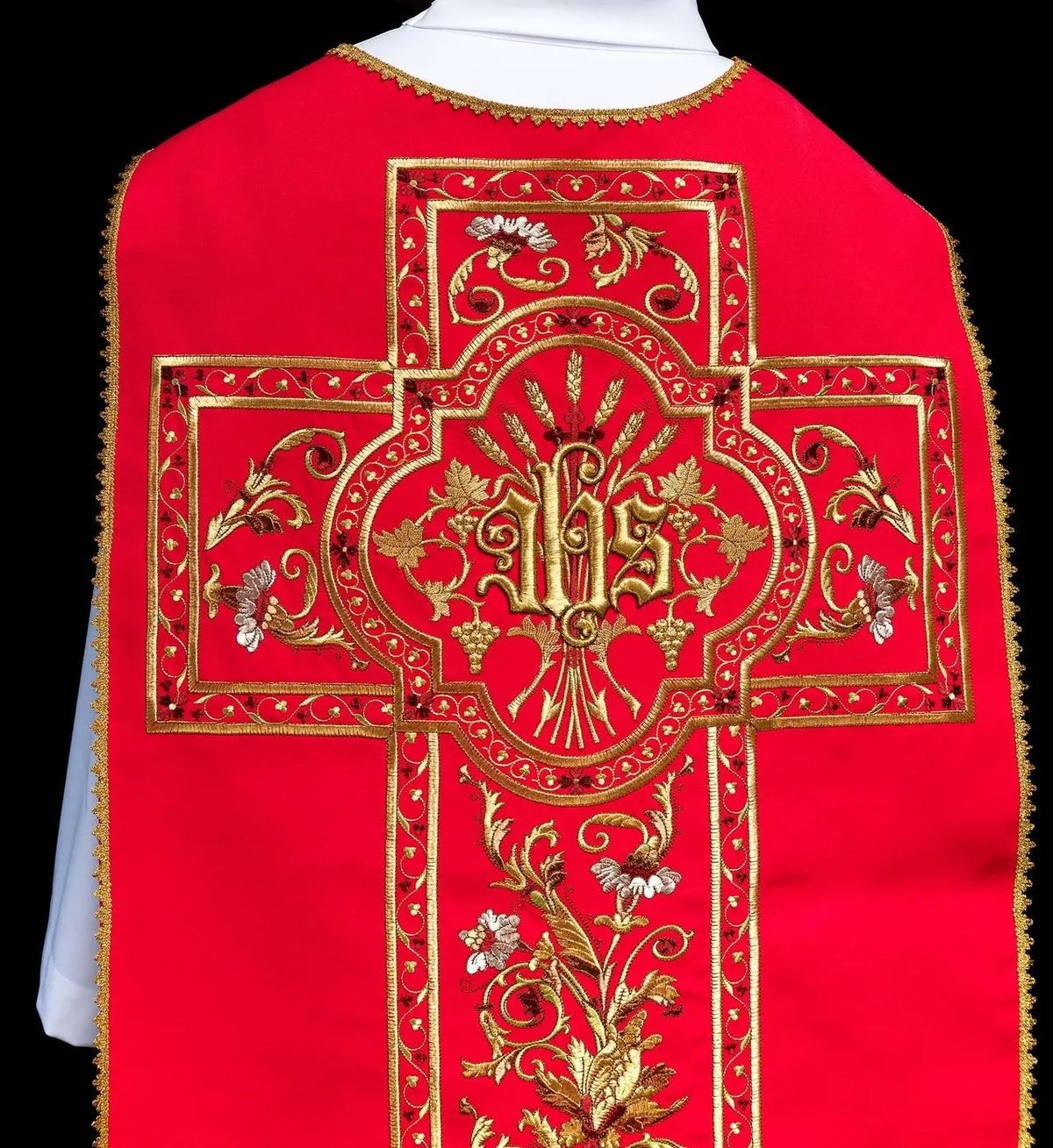 Red Roman Chasuble with IHS Embroidery — back view