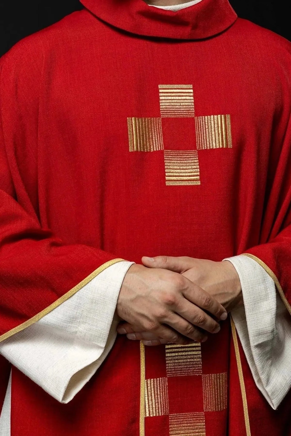 Red Satin Chasuble with Geometric Cross Embroidery — Product view