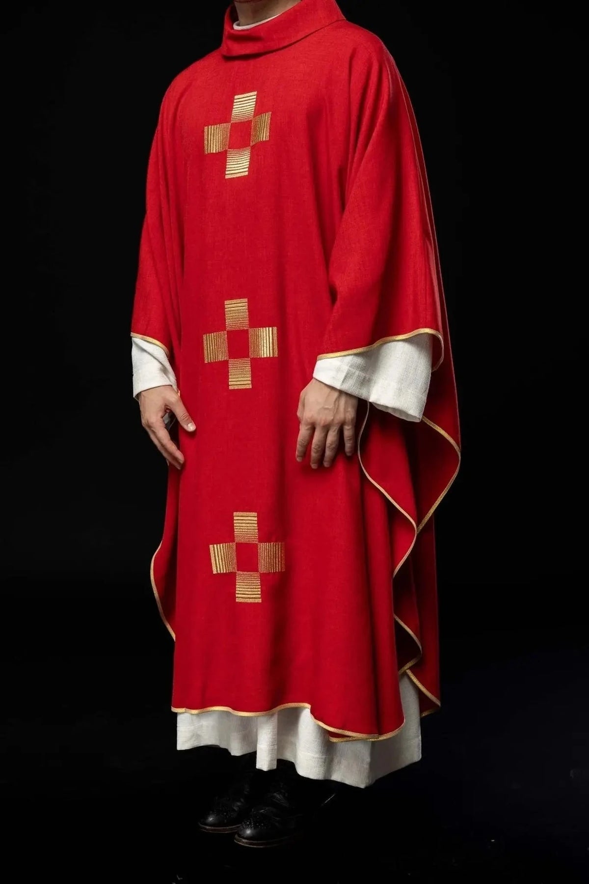 Red Satin Chasuble with Geometric Cross Embroidery — Full view