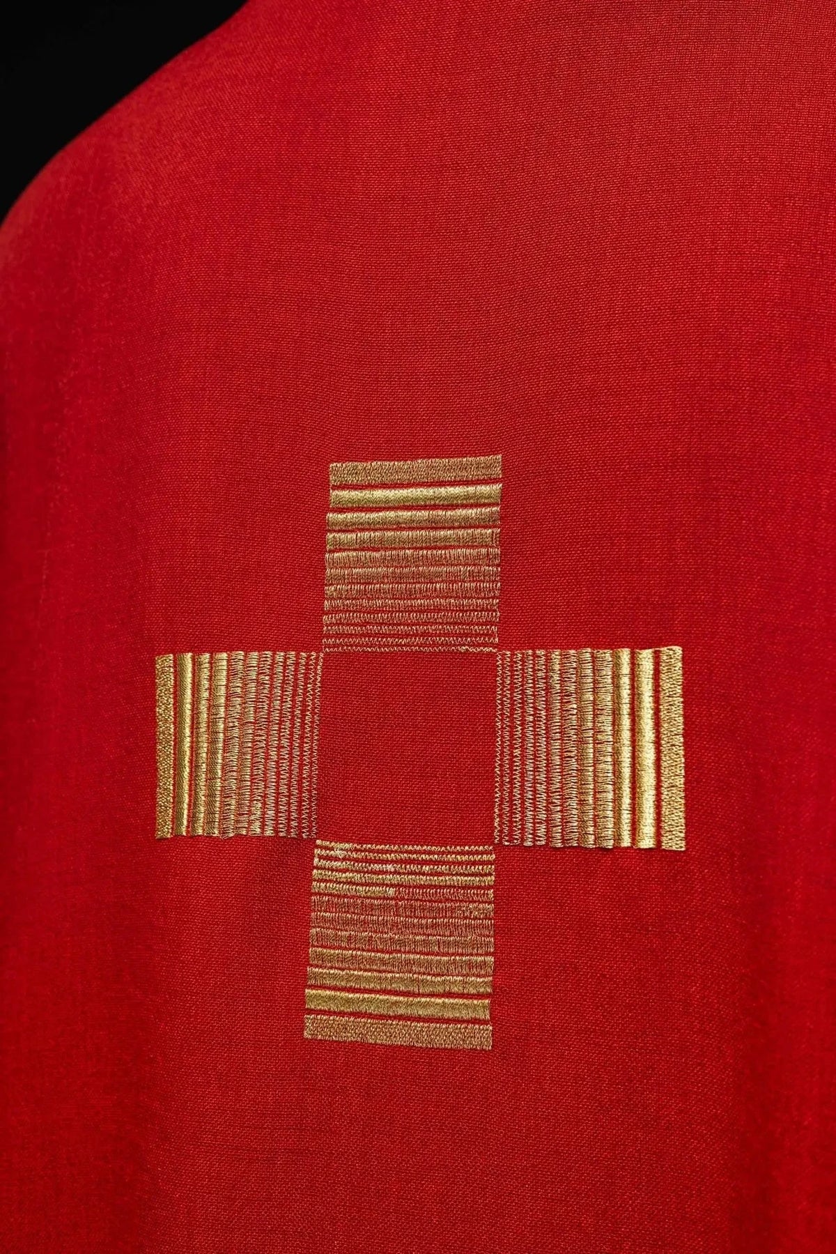 Red Satin Chasuble with Geometric Cross Embroidery — Embroidery close-up