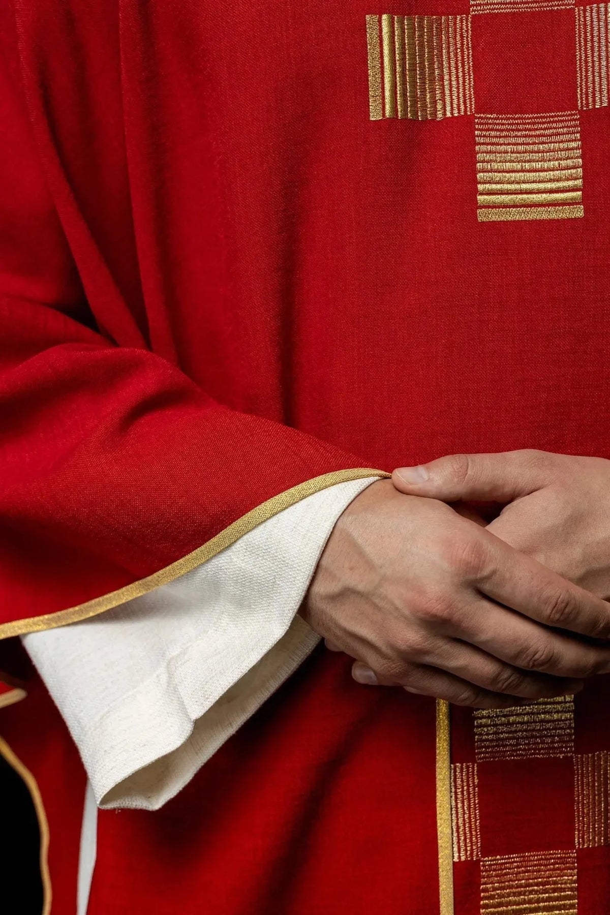 Red Satin Chasuble with Geometric Cross Embroidery — Cross detail