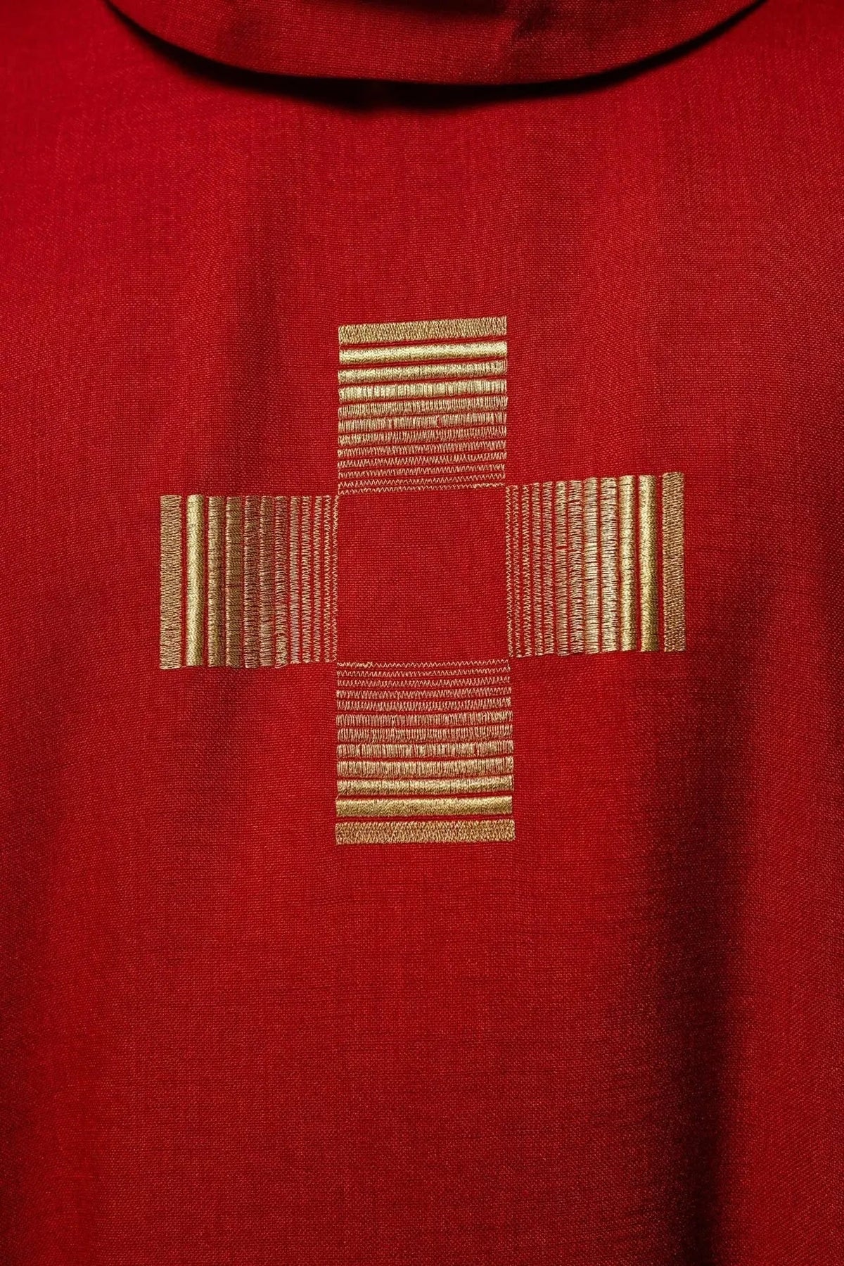 Red Satin Chasuble with Geometric Cross Embroidery — Roll collar finish
