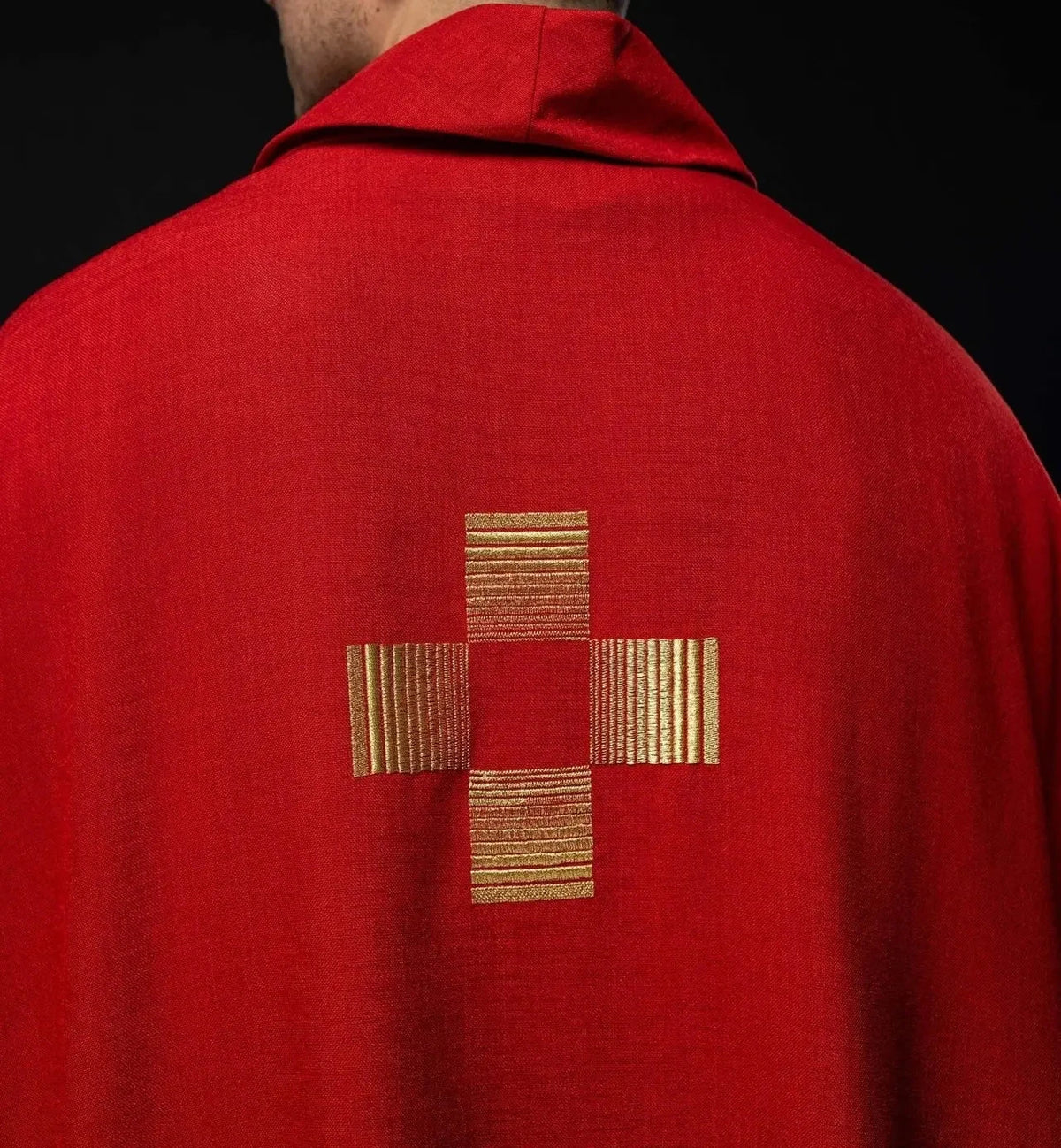 Red Satin Chasuble with Geometric Cross Embroidery — Front view