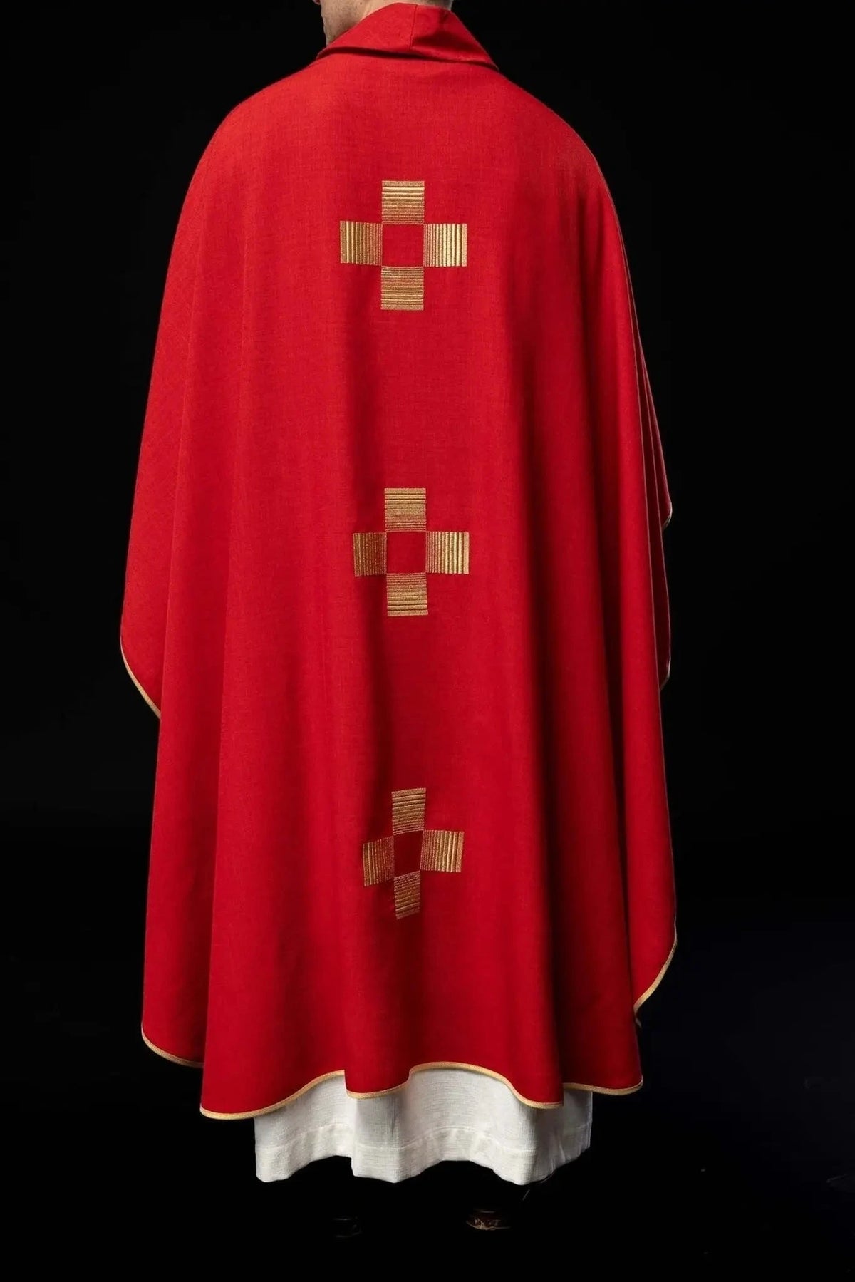 Red Satin Chasuble with Geometric Cross Embroidery — Back view