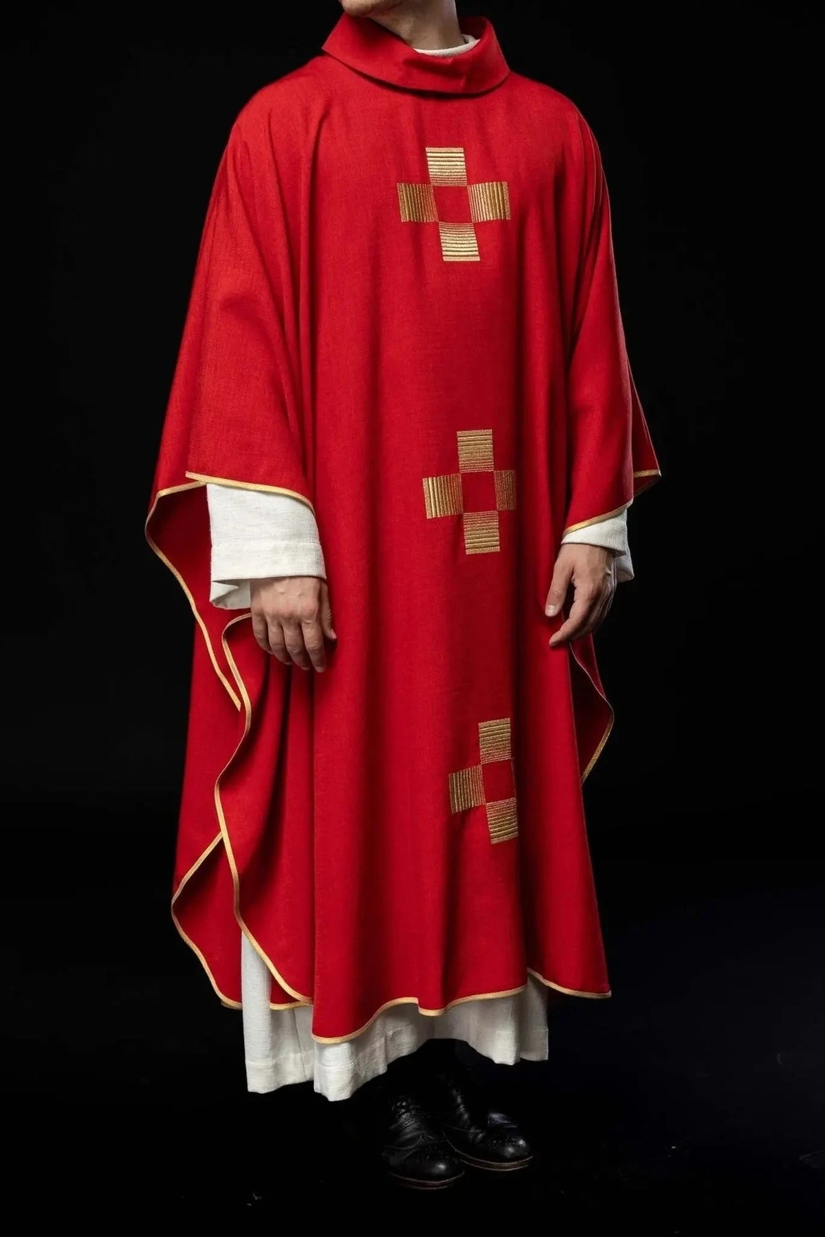 Red Satin Chasuble with Geometric Cross Embroidery — Satin fabric detail