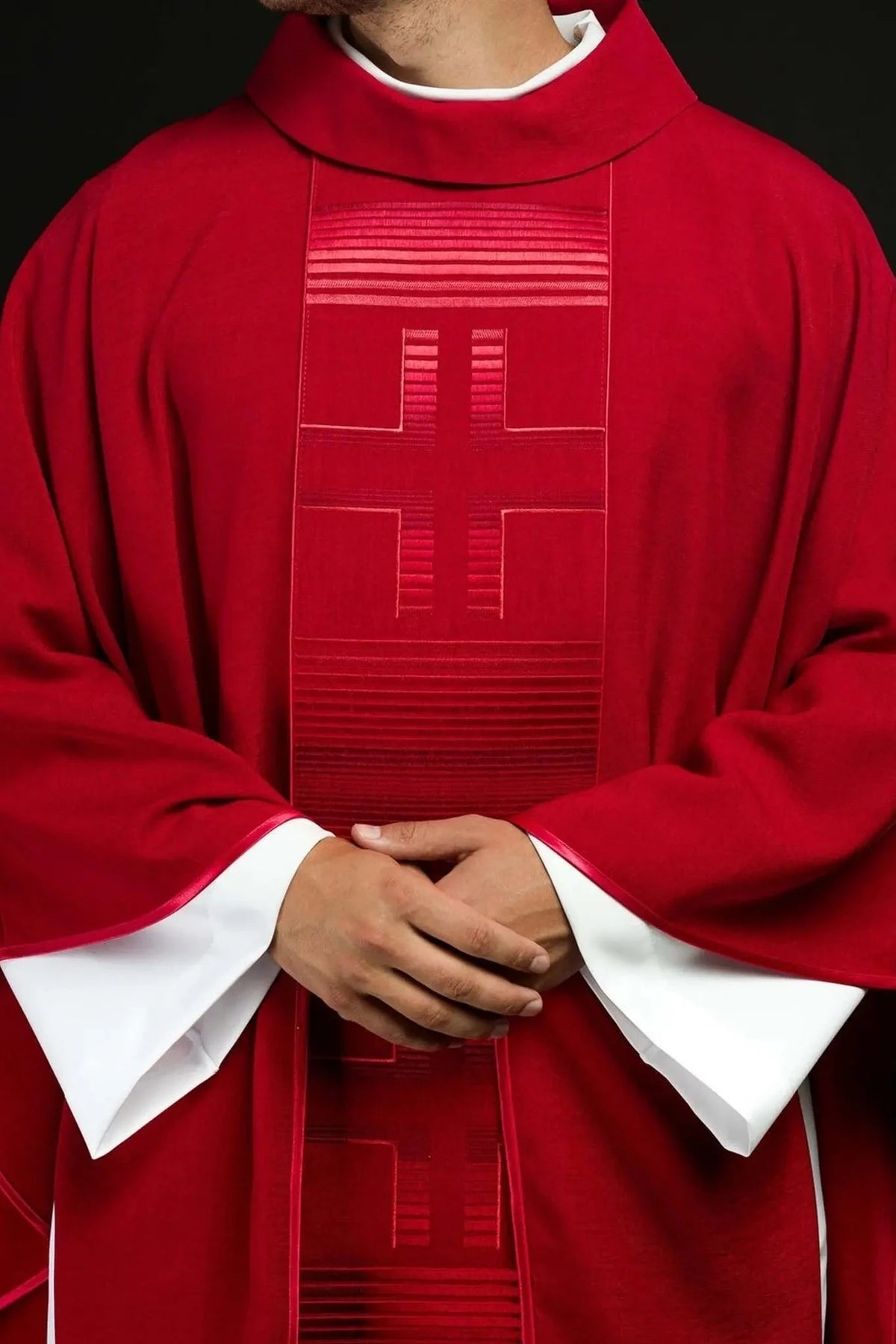 Red Satin Chasuble with Linear Cross Embroidery — Product view