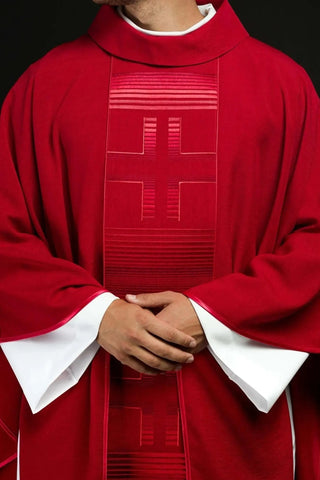 Red Satin Chasuble with Linear Cross Embroidery — Product view