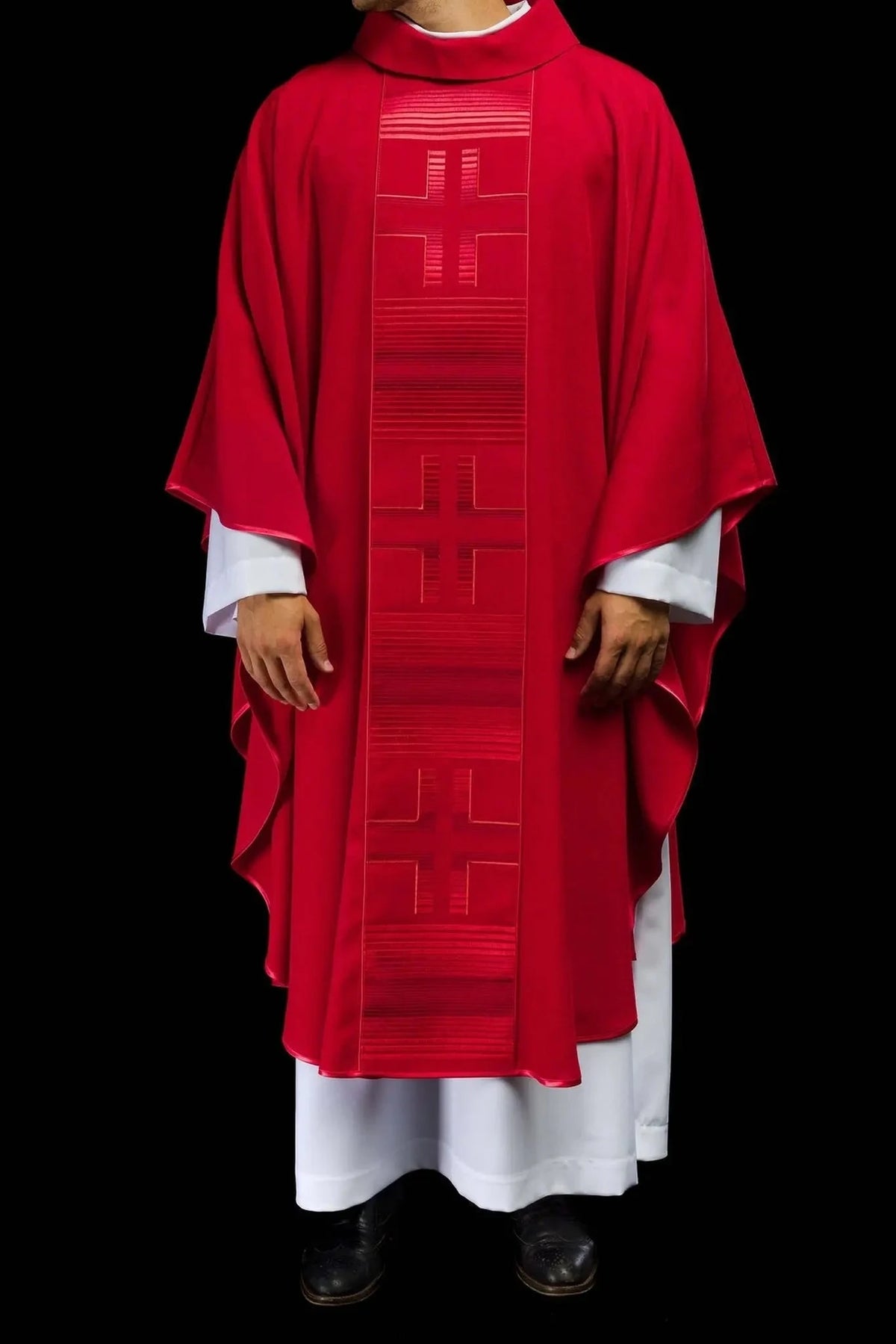 Red Satin Chasuble with Linear Cross Embroidery — Full view