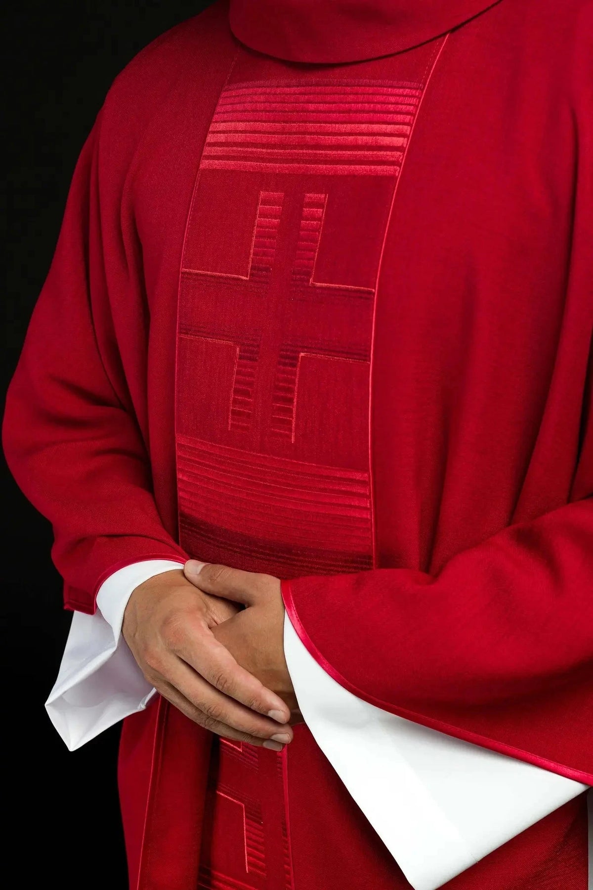 Red Satin Chasuble with Linear Cross Embroidery — Embroidery close-up